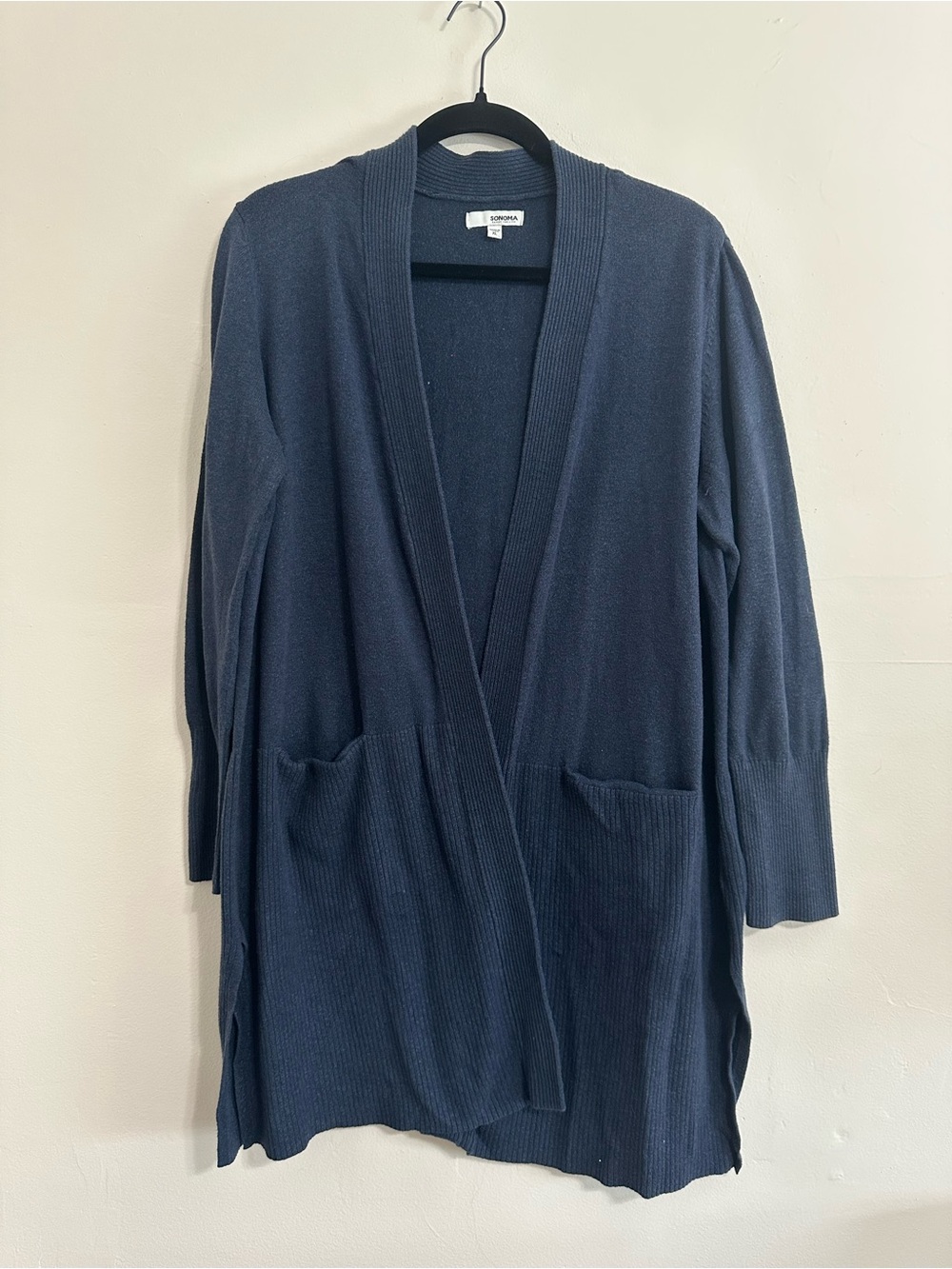 Sonoma XL Navy Blue Longline Open Front Cardigan Sweater Pockets Cotton Blend